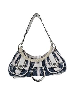 Guess Navy and White Monogram Shoulder Bag with Braided Top Handle